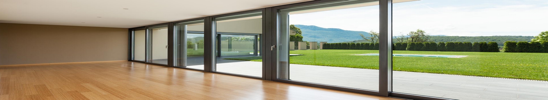 Interior modern villa, wide living room with large windows